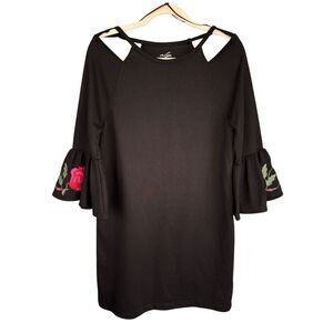 Alya Women's Floral‎ Bell Sleeve Cold Shoulder Swing Mini Dress Black Small